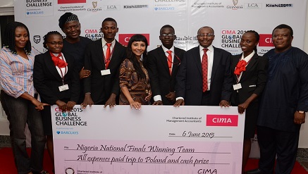 ‎(Left) Ms. Anita Dele-Dickson, ‎head, Relationship Management, Stanbic IBTC Pension Managers Limited, (3rd left) Sir Demola Aladekomo, ‎chairman, SmartCity Resorts Plc,  (middle) Ms. Megha Joshi, CEO, Lagos Court of Arbiration (LCA), (3rd right)  Seni Adetu‎, immediate past MD/CEO, Guinness Nigeria Plc, (right) Laoye Durojaiye‎, director general, Nigerian Economic Summit Group (NESG)  and the national champion of the CIMA Global Business Challenge after the Nigerian finals in Lagos at the weekend.